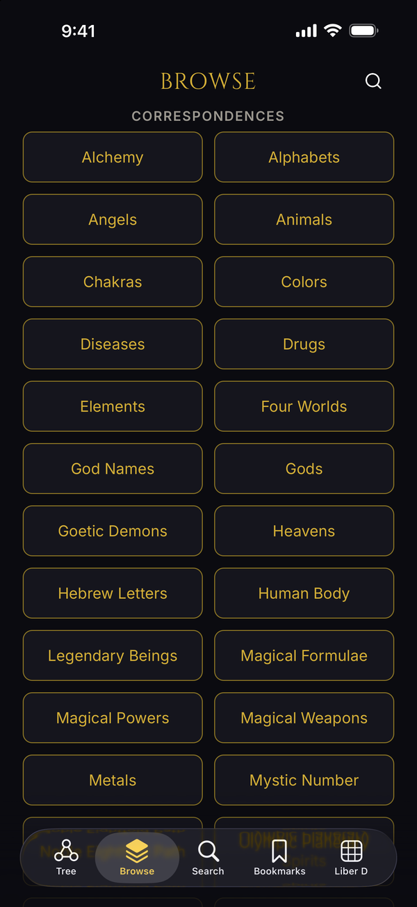Symbolum Liber 777 app — Browse categories