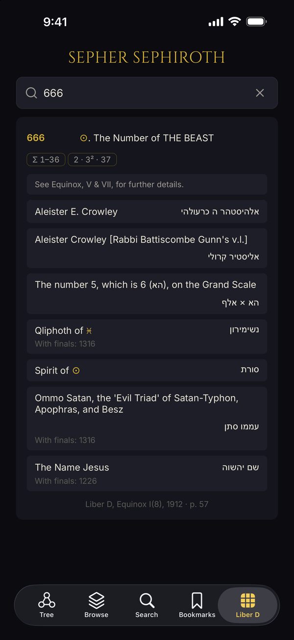 Sepher Sephiroth number 666 in Symbolum — Crowley’s note, number properties and Hebrew entries
