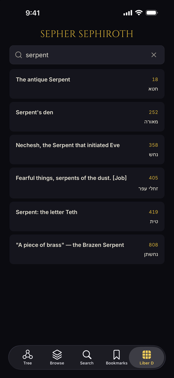 Sepher Sephiroth search in Symbolum — results for “serpent” with Hebrew and gematria values